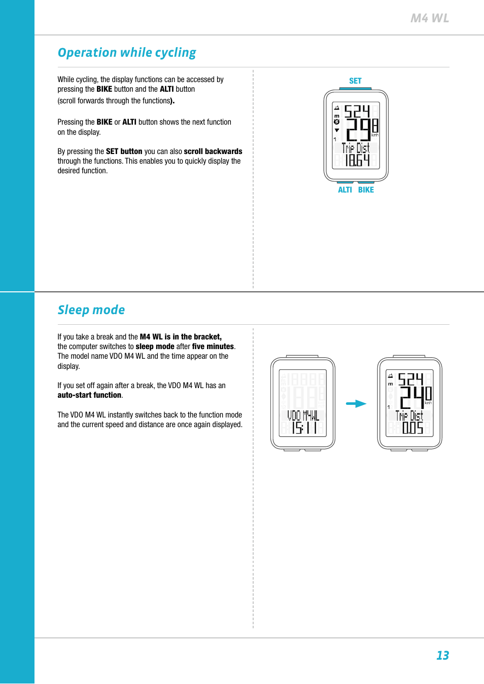 13 m4 wl, Operation while cycling, Sleep mode | VDO M4WL User Manual | Page 13 / 54