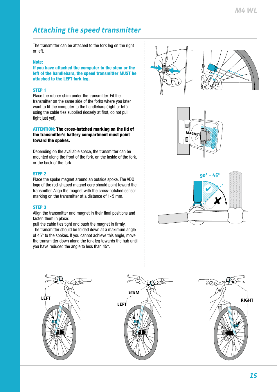 15 m4 wl, Attaching the speed transmitter | VDO M4WL User Manual | Page 15 / 54