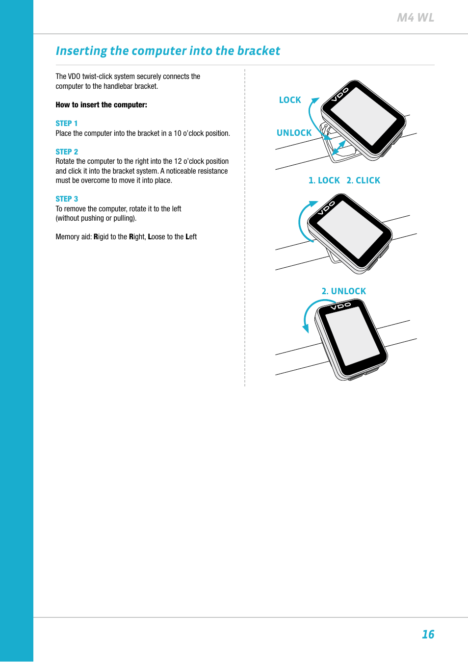 16 m4 wl, Inserting the computer into the bracket | VDO M4WL User Manual | Page 16 / 54