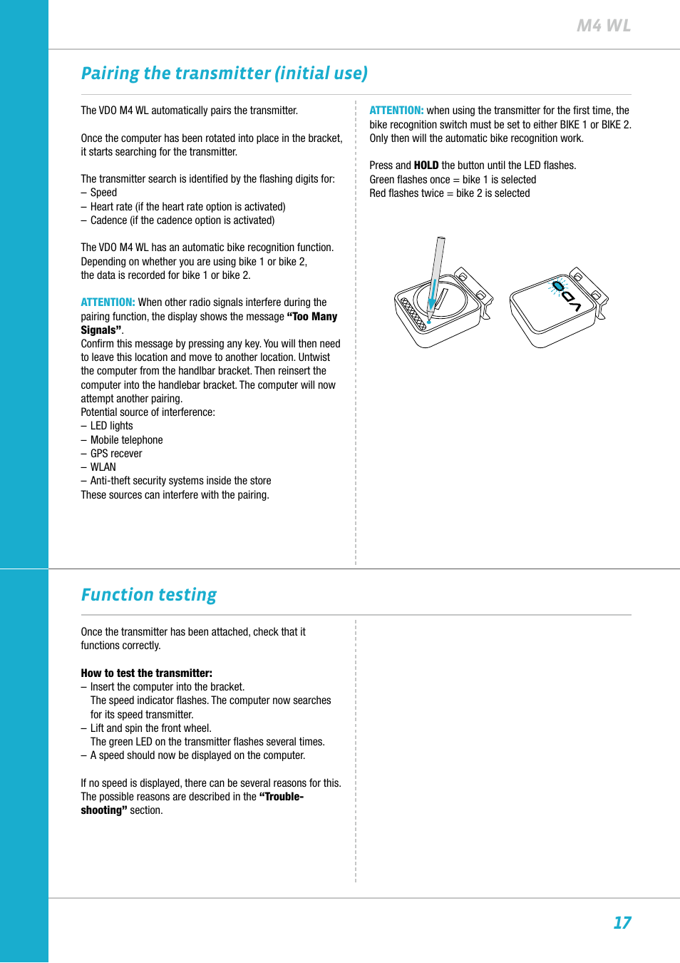 17 m4 wl function testing, Pairing the transmitter (initial use) | VDO M4WL User Manual | Page 17 / 54