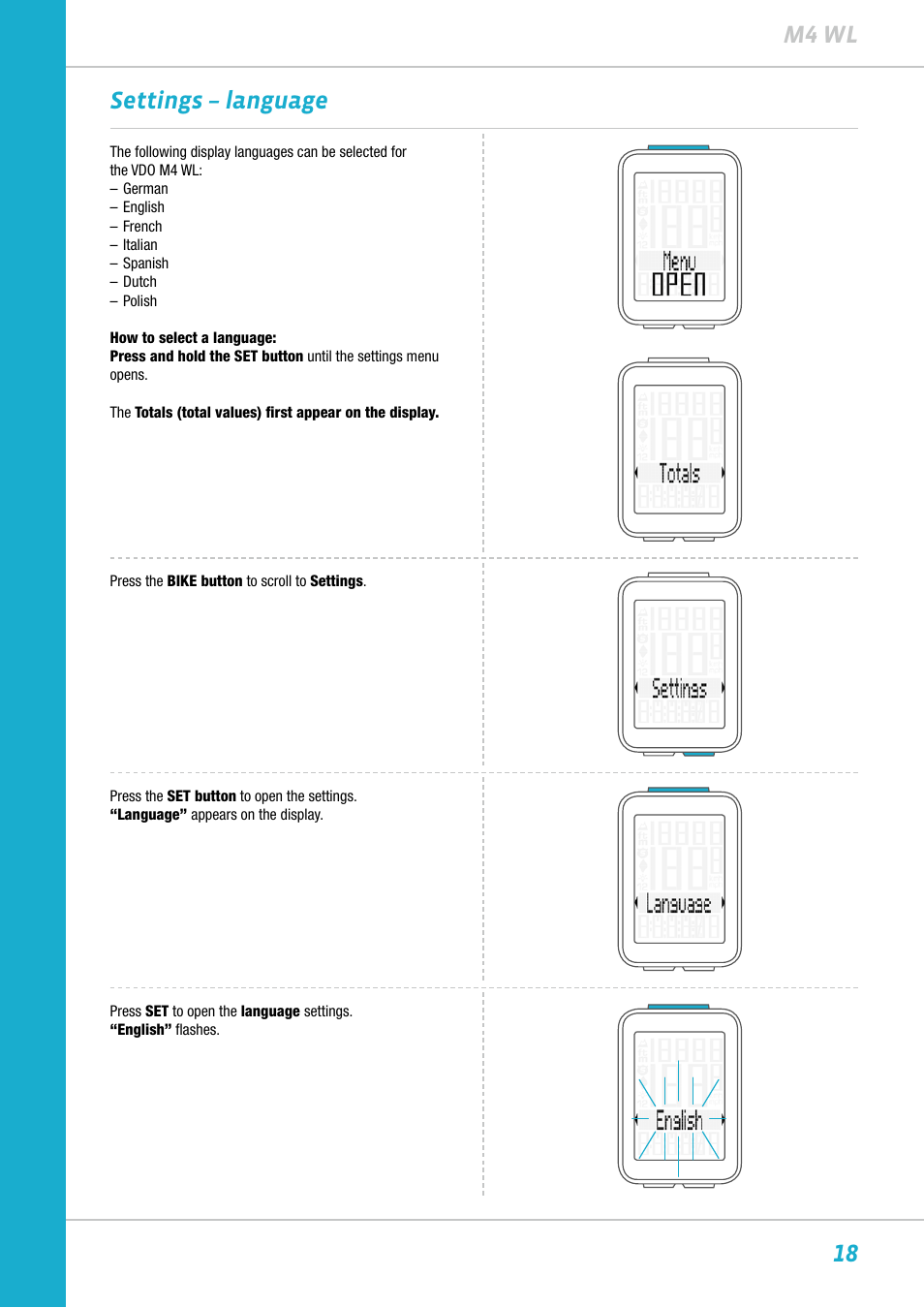 18 m4 wl settings – language | VDO M4WL User Manual | Page 18 / 54