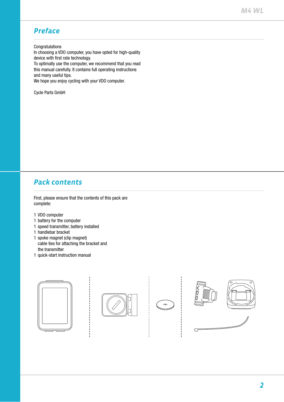 2m4 wl preface pack contents | VDO M4WL User Manual | Page 2 / 54