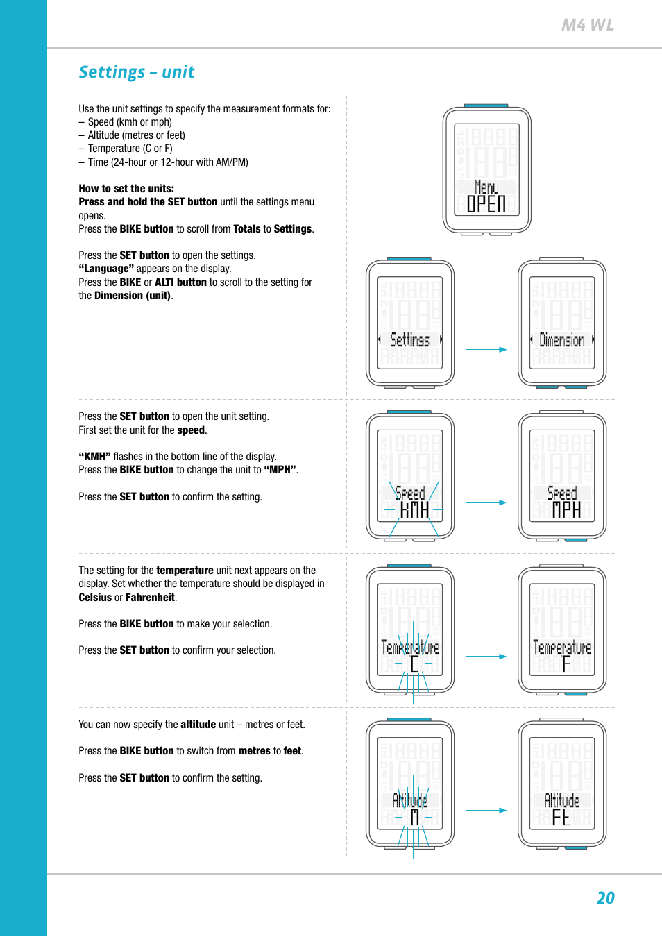 20 m4 wl settings – unit | VDO M4WL User Manual | Page 20 / 54