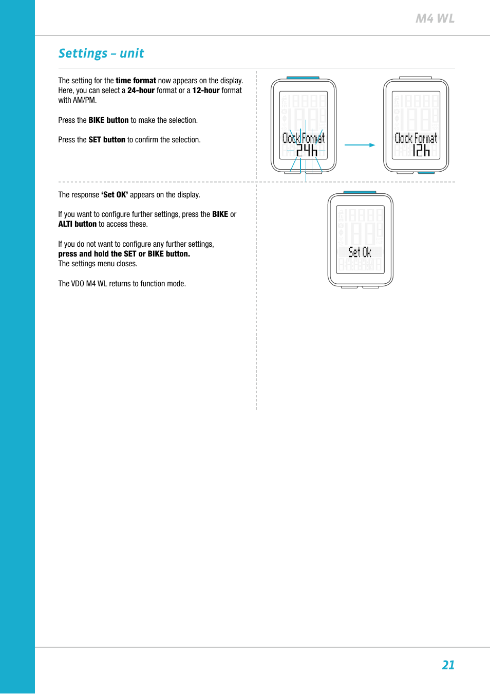 21 m4 wl settings – unit | VDO M4WL User Manual | Page 21 / 54