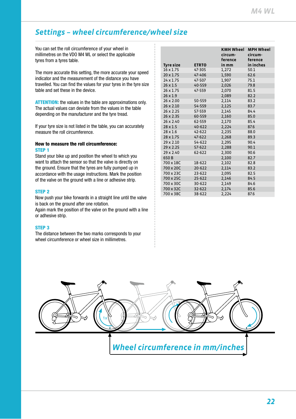 Wheel circumference in mm/inches, 22 m4 wl, Settings – wheel circumference/wheel size | VDO M4WL User Manual | Page 22 / 54