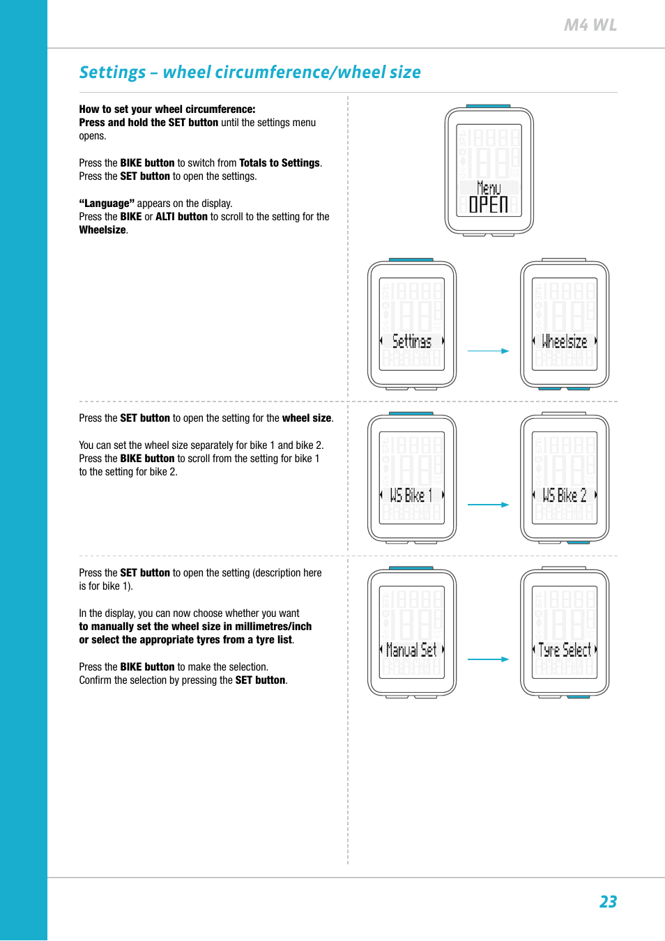 23 m4 wl settings – wheel circumference/wheel size | VDO M4WL User Manual | Page 23 / 54