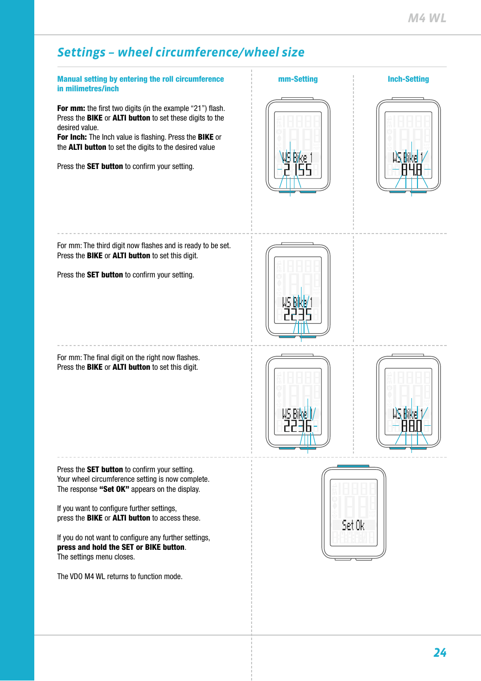 24 m4 wl settings – wheel circumference/wheel size | VDO M4WL User Manual | Page 24 / 54