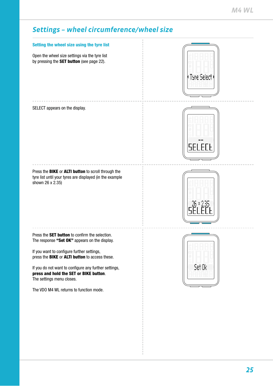 25 m4 wl settings – wheel circumference/wheel size | VDO M4WL User Manual | Page 25 / 54