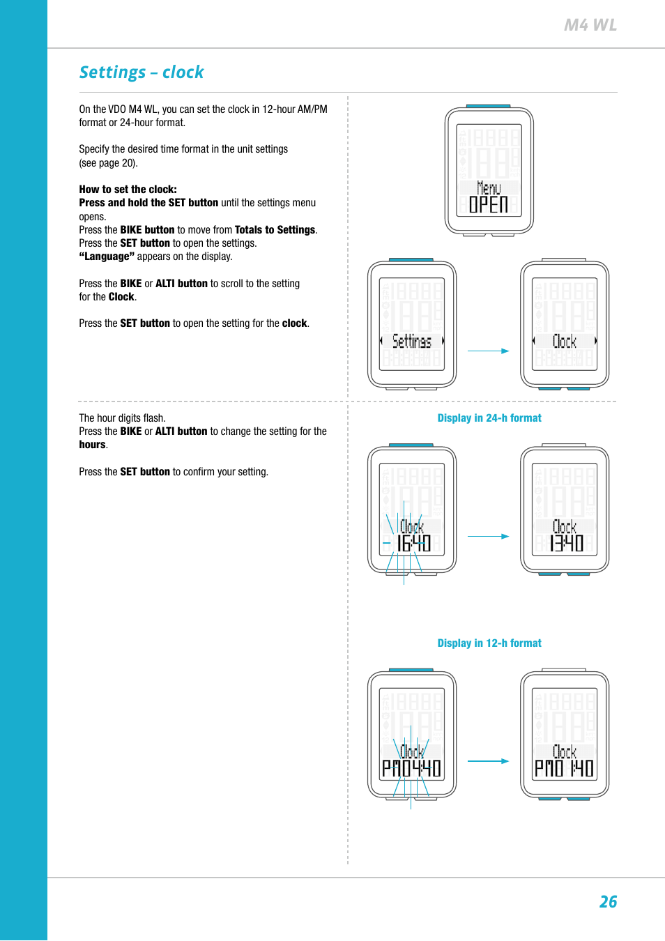 26 m4 wl settings – clock | VDO M4WL User Manual | Page 26 / 54