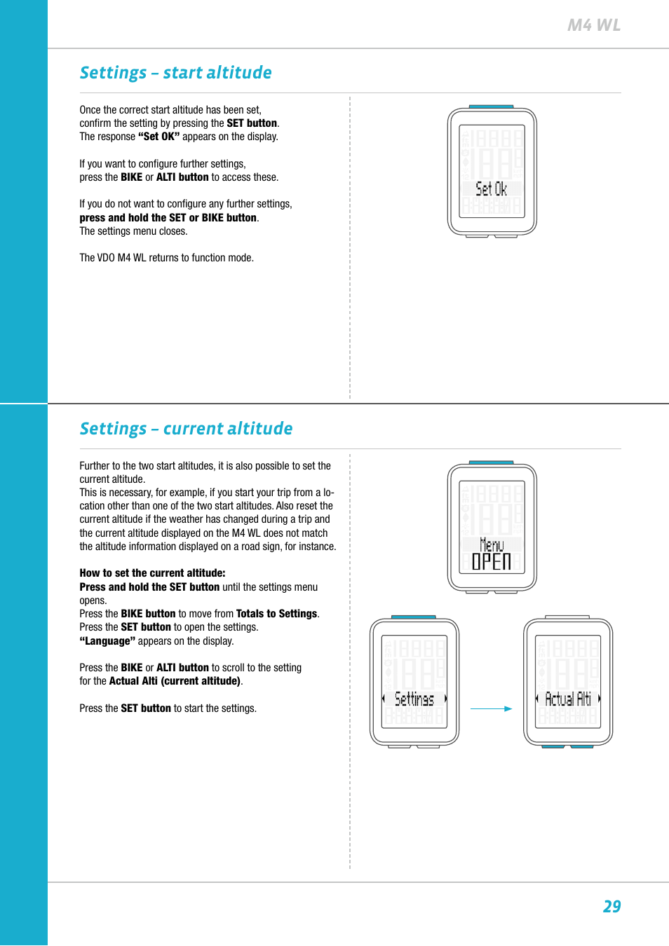 29 m4 wl settings – start altitude, Settings – current altitude | VDO M4WL User Manual | Page 29 / 54