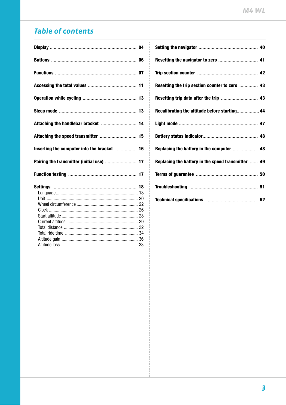 3m4 wl table of contents | VDO M4WL User Manual | Page 3 / 54