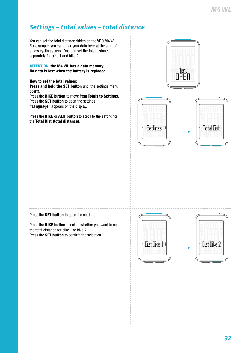 32 m4 wl settings – total values – total distance | VDO M4WL User Manual | Page 32 / 54