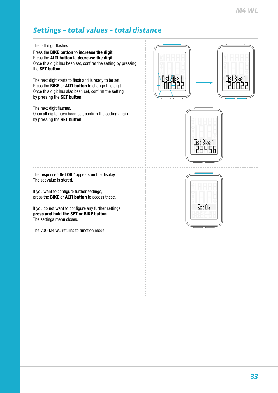 33 m4 wl settings – total values – total distance | VDO M4WL User Manual | Page 33 / 54