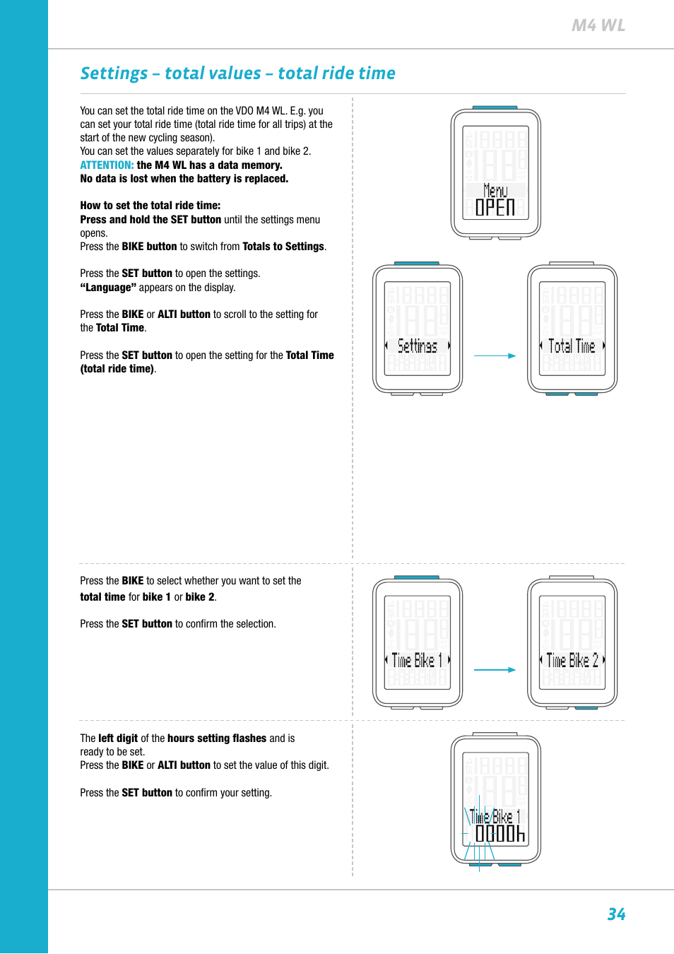 34 m4 wl settings – total values – total ride time | VDO M4WL User Manual | Page 34 / 54