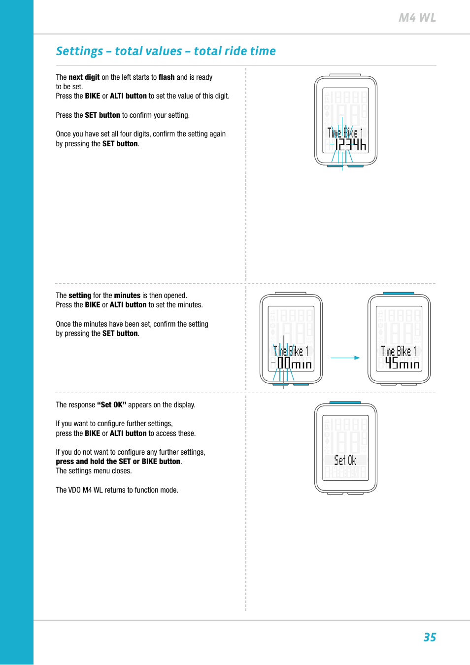 35 m4 wl settings – total values – total ride time | VDO M4WL User Manual | Page 35 / 54