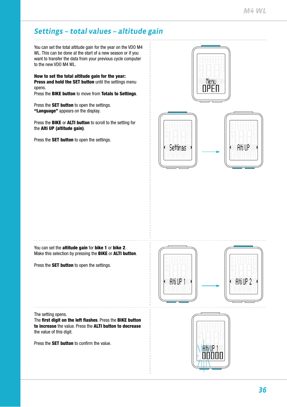 36 m4 wl settings – total values – altitude gain | VDO M4WL User Manual | Page 36 / 54