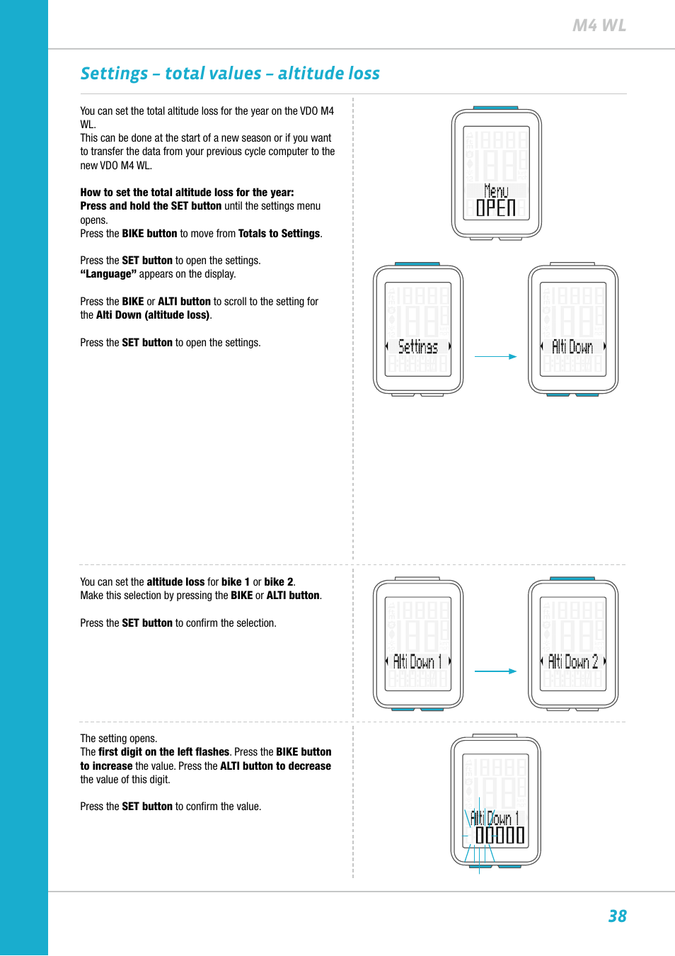 38 m4 wl settings – total values – altitude loss | VDO M4WL User Manual | Page 38 / 54