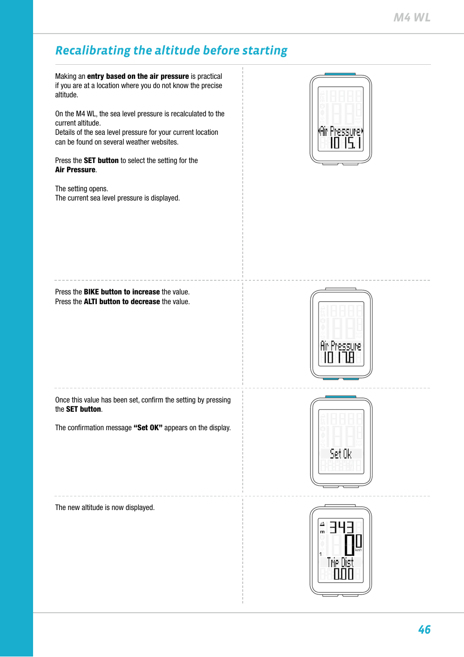 46 m4 wl, Recalibrating the altitude before starting | VDO M4WL User Manual | Page 46 / 54