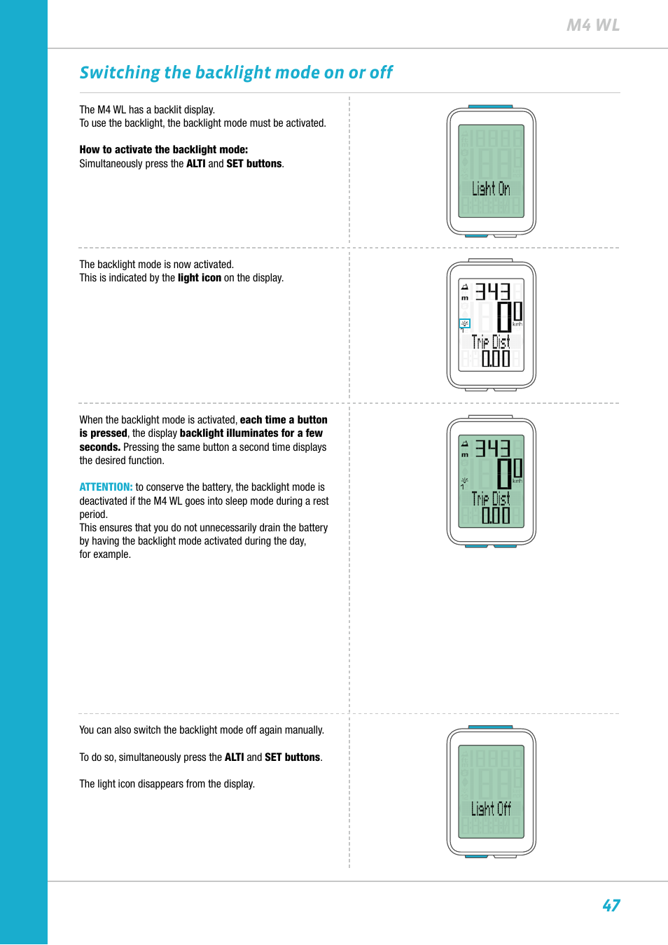 47 m4 wl switching the backlight mode on or off | VDO M4WL User Manual | Page 47 / 54