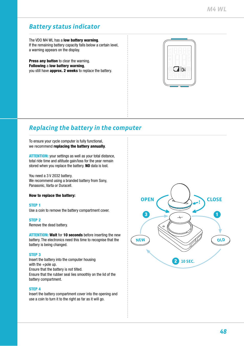 48 m4 wl, Replacing the battery in the computer, Battery status indicator | VDO M4WL User Manual | Page 48 / 54