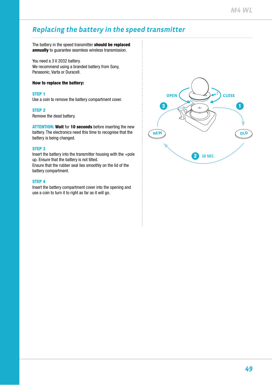 49 m4 wl, Replacing the battery in the speed transmitter | VDO M4WL User Manual | Page 49 / 54