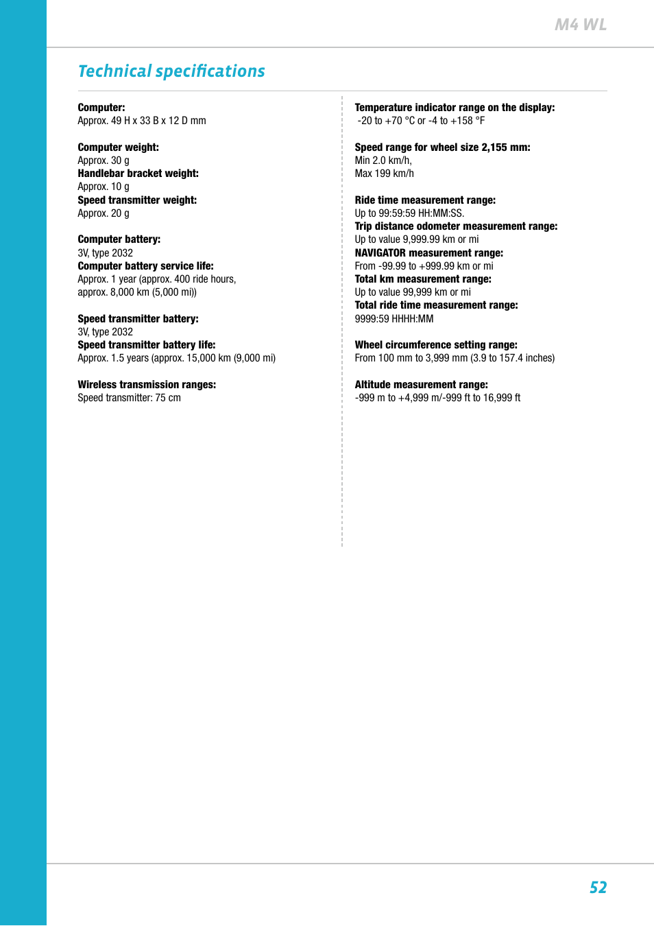 52 m4 wl technical specifications | VDO M4WL User Manual | Page 52 / 54