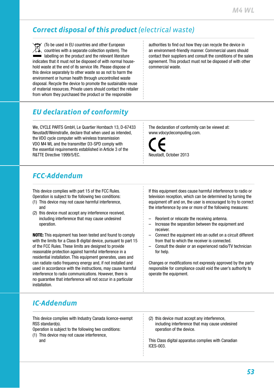 Fcc-addendum ic-addendum | VDO M4WL User Manual | Page 53 / 54