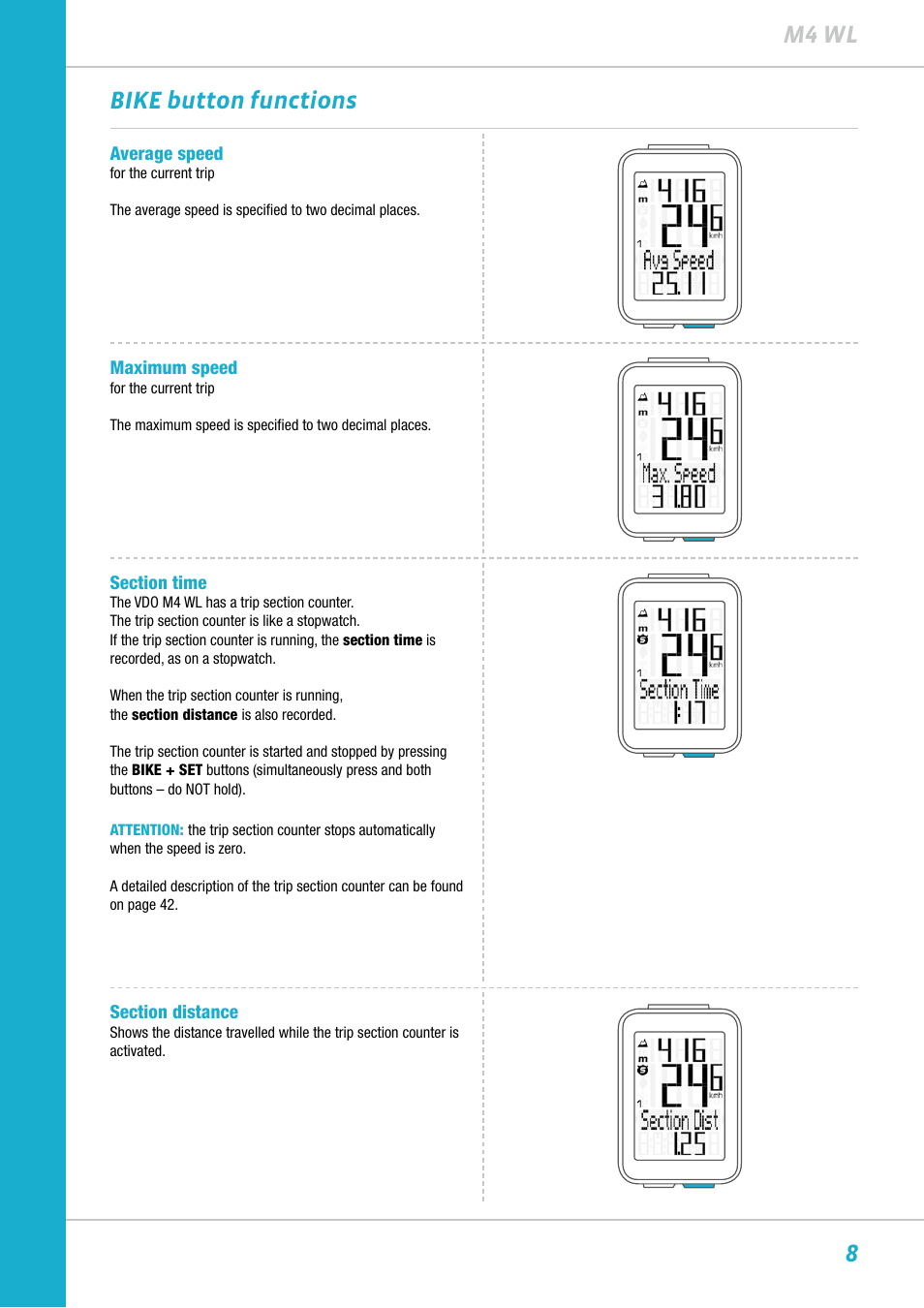 8m4 wl bike button functions | VDO M4WL User Manual | Page 8 / 54