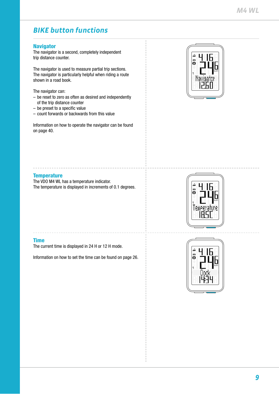 9m4 wl bike button functions | VDO M4WL User Manual | Page 9 / 54