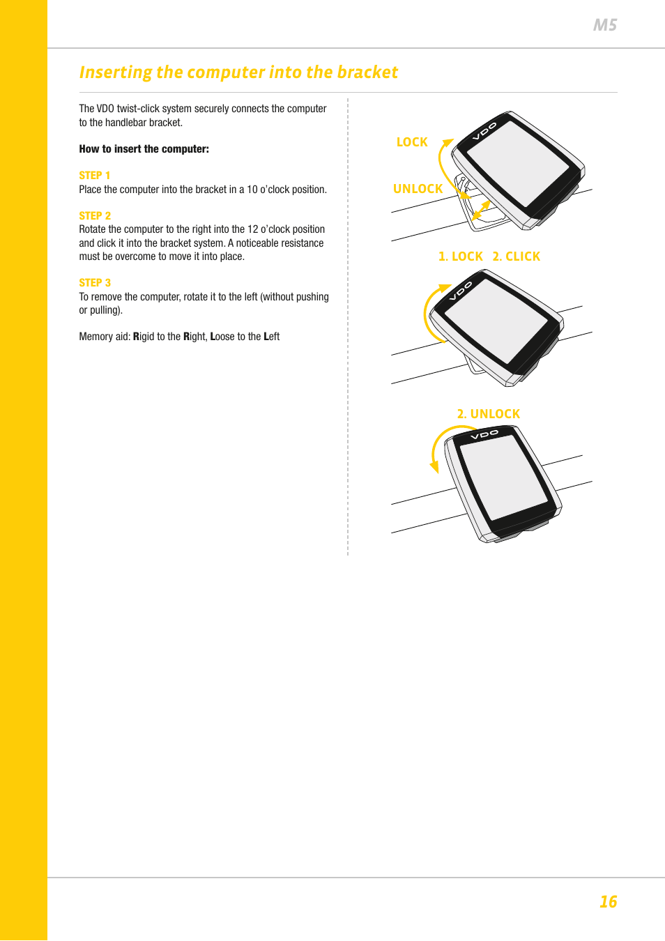 16 m5, Inserting the computer into the bracket | VDO M5WL User Manual | Page 16 / 61