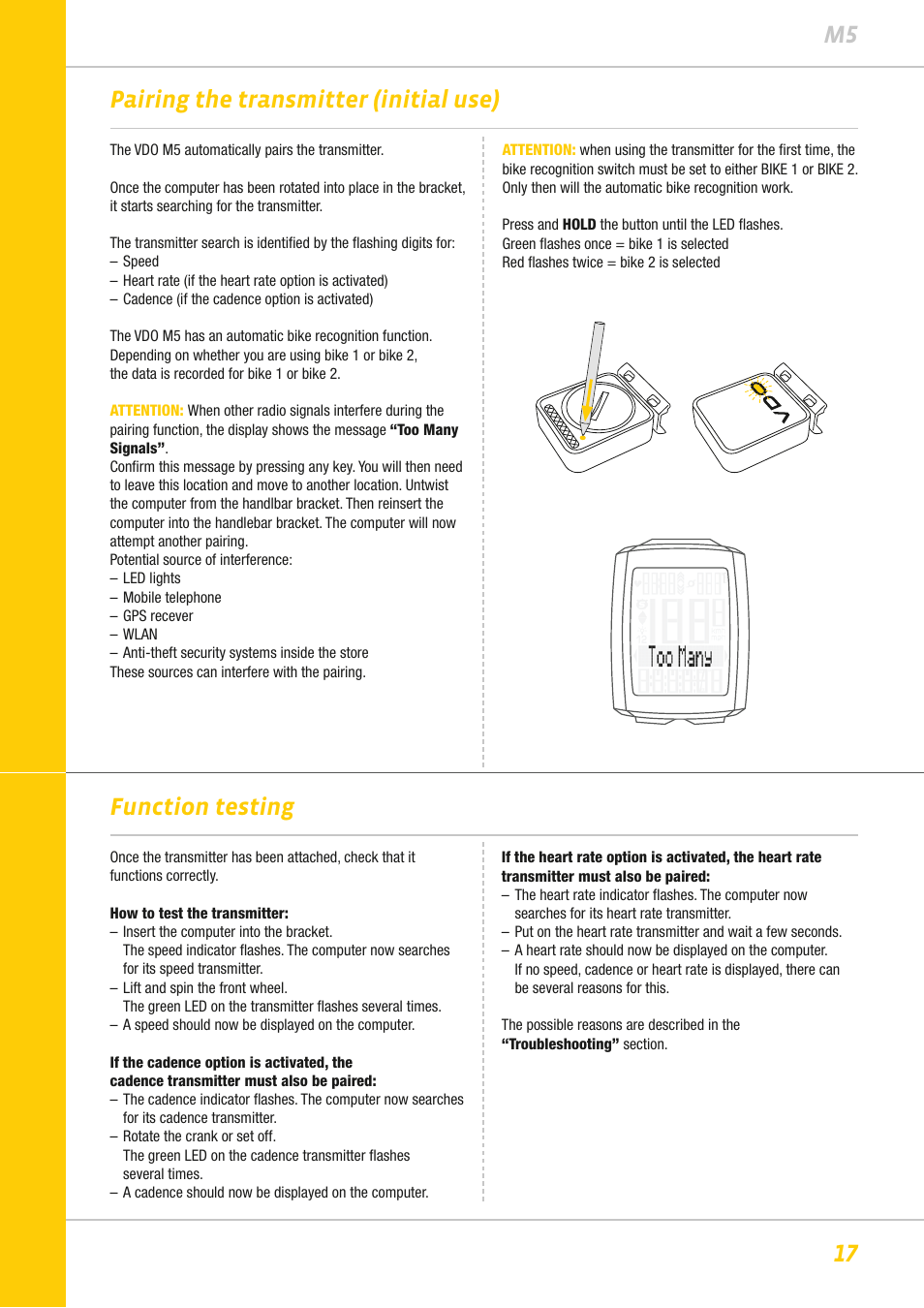 17 m5 function testing, Pairing the transmitter (initial use) | VDO M5WL User Manual | Page 17 / 61