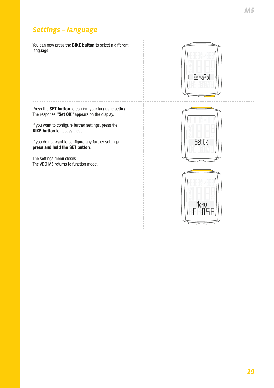19 m5 settings – language | VDO M5WL User Manual | Page 19 / 61