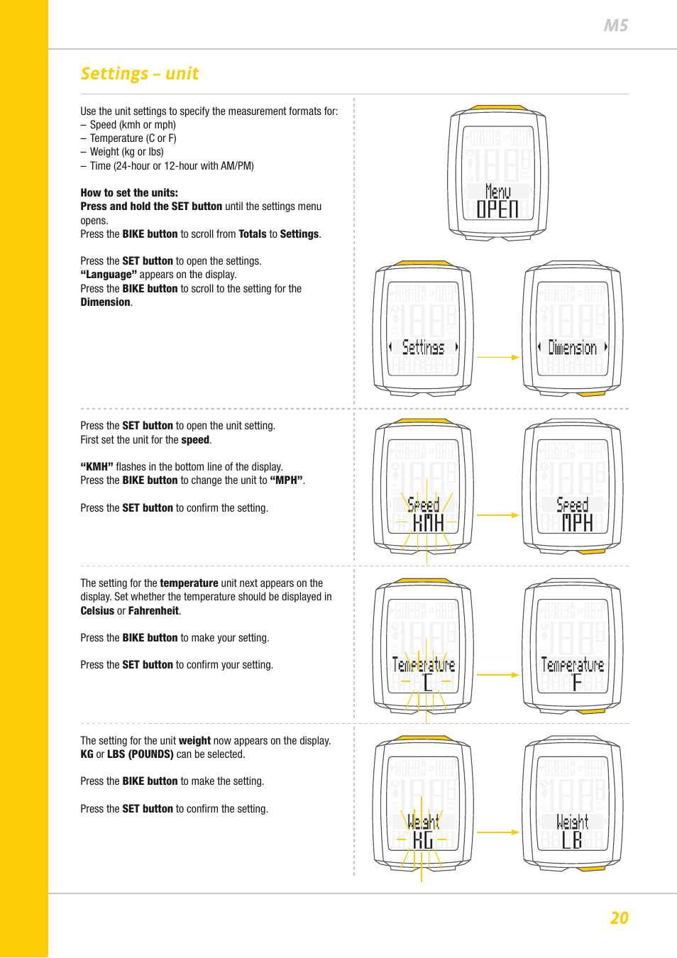 20 m5 settings – unit | VDO M5WL User Manual | Page 20 / 61