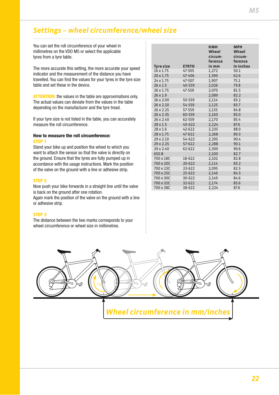 Wheel circumference in mm/inches, 22 m5, Settings – wheel circumference/wheel size | VDO M5WL User Manual | Page 22 / 61