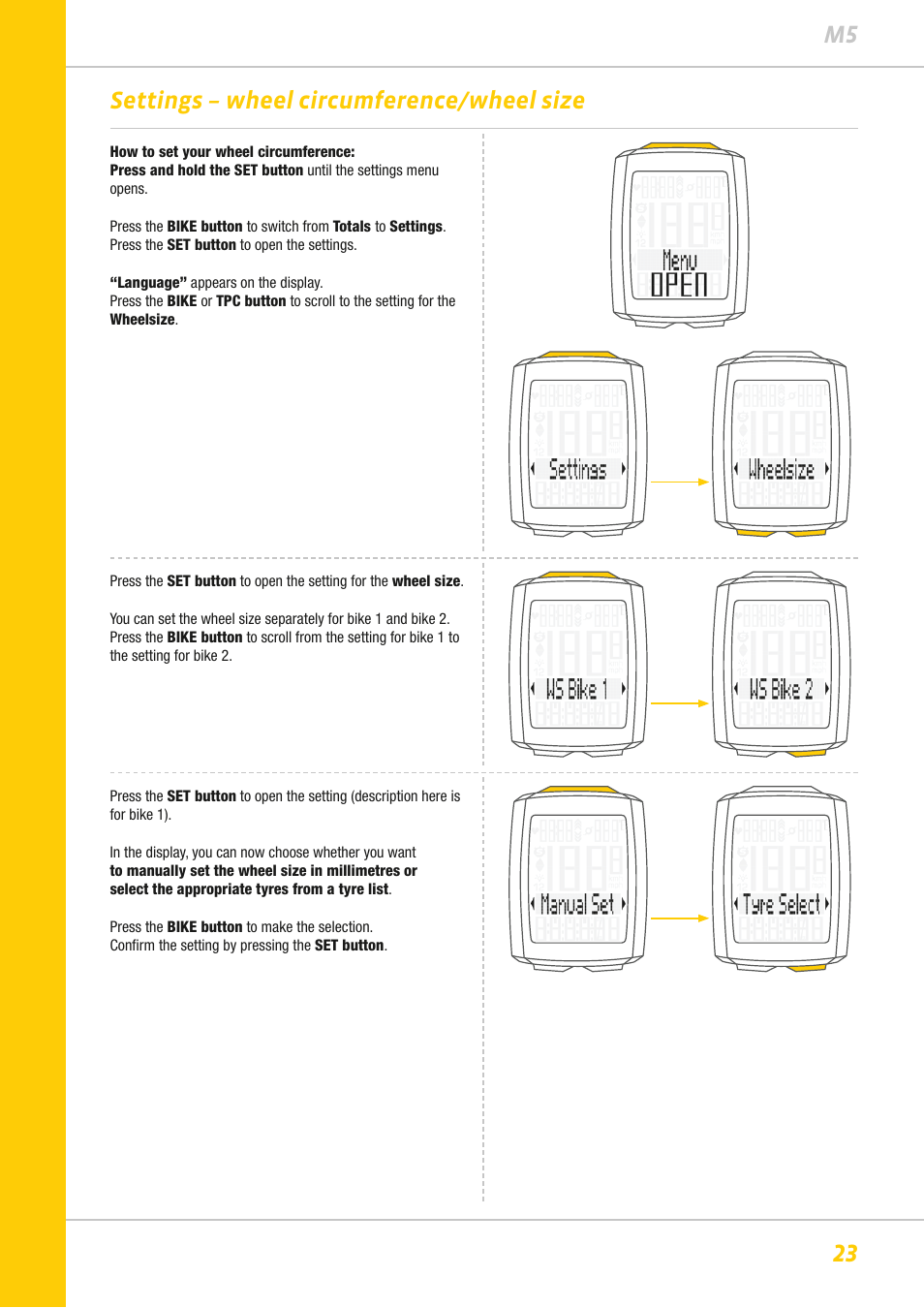 23 m5 settings – wheel circumference/wheel size | VDO M5WL User Manual | Page 23 / 61