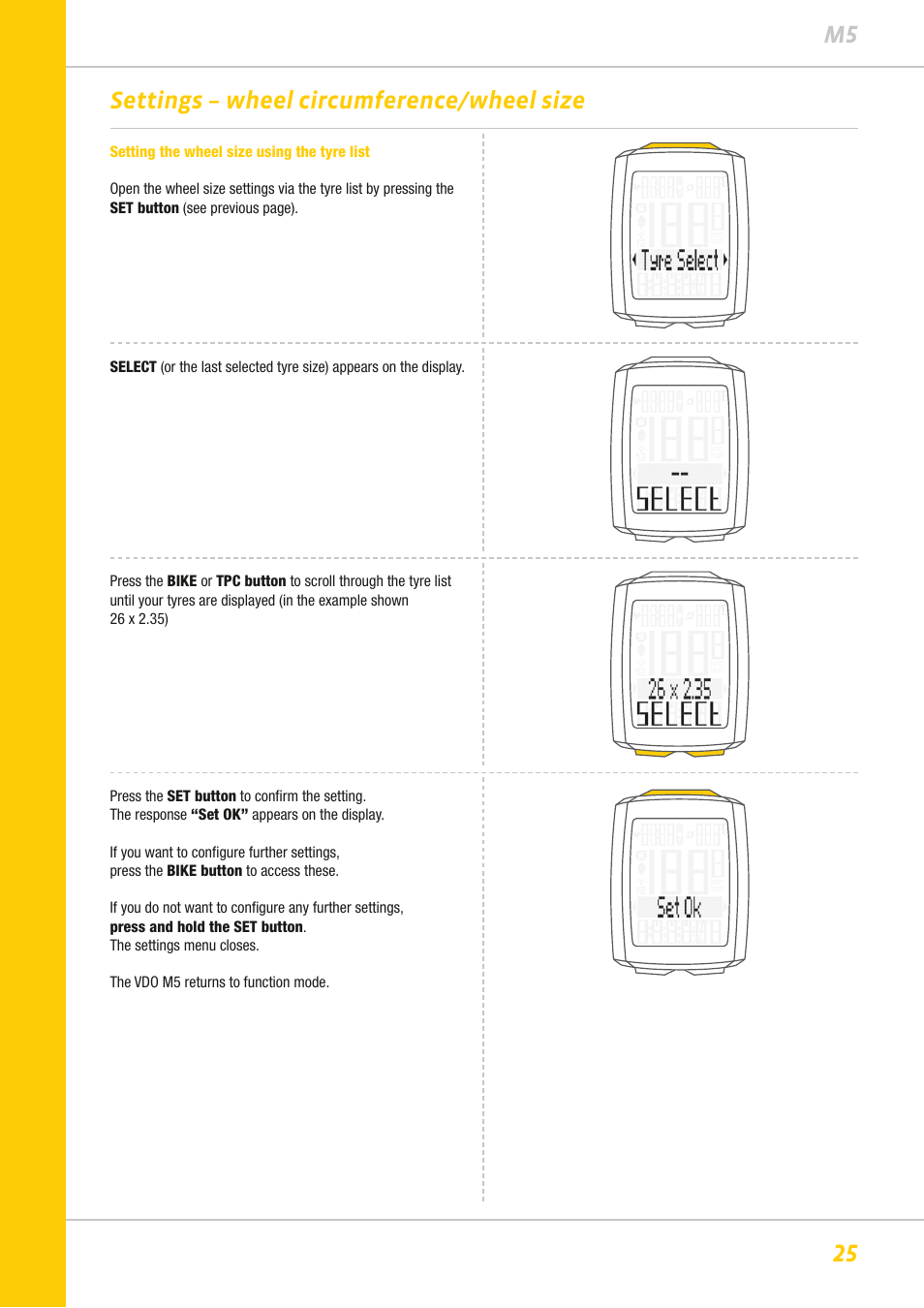 25 m5 settings – wheel circumference/wheel size | VDO M5WL User Manual | Page 25 / 61