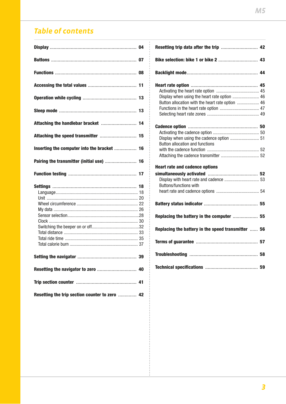 3m5 table of contents | VDO M5WL User Manual | Page 3 / 61