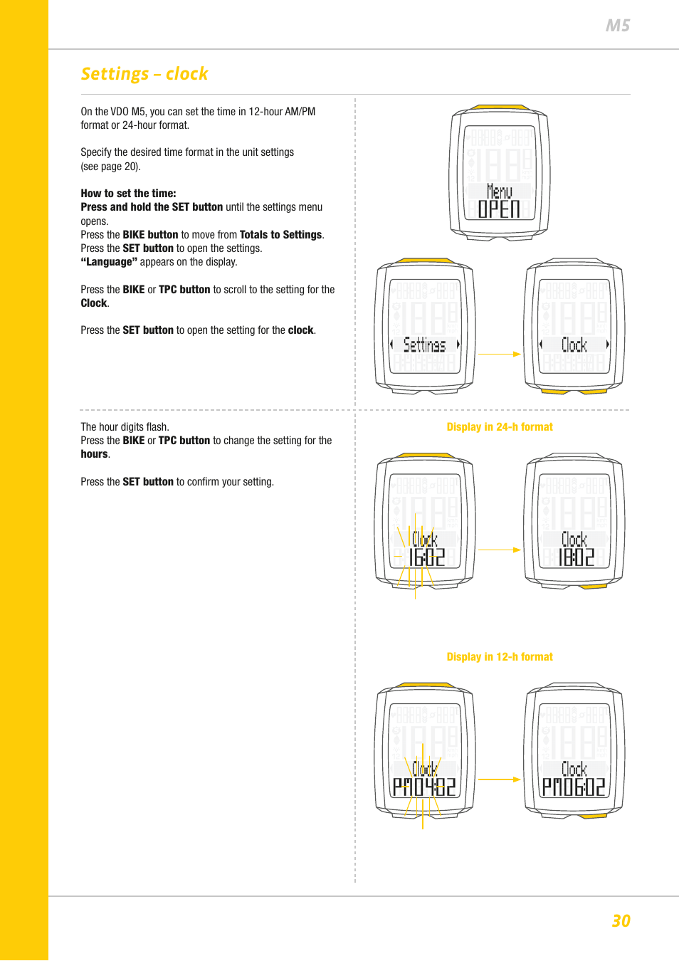 30 m5 settings – clock | VDO M5WL User Manual | Page 30 / 61