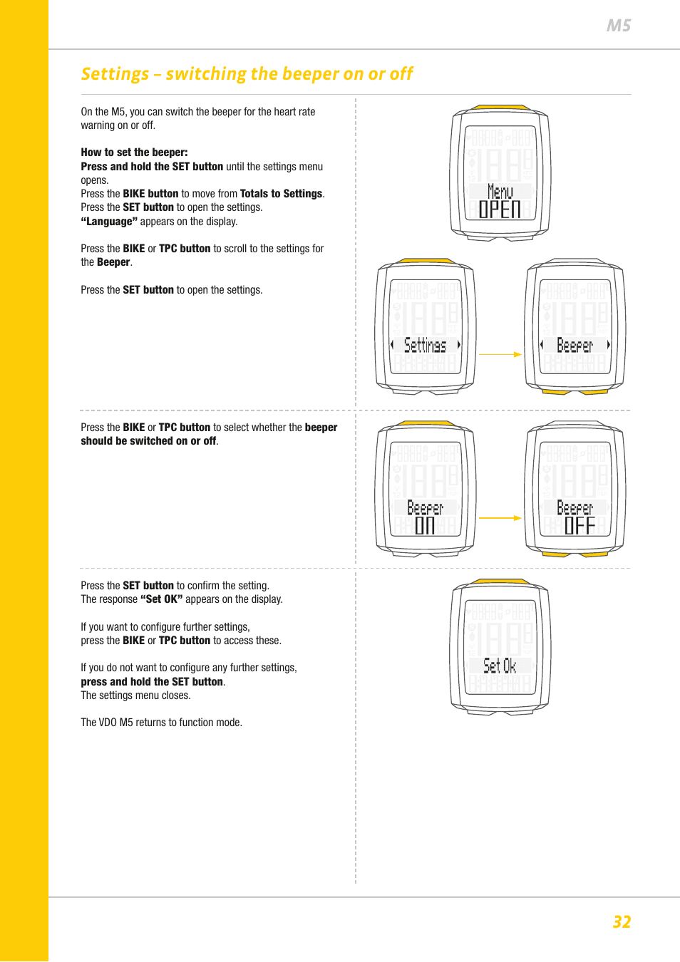 32 m5 settings – switching the beeper on or off | VDO M5WL User Manual | Page 32 / 61