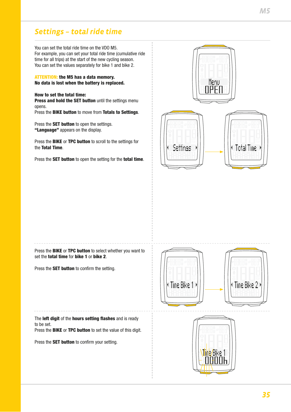 35 m5 settings – total ride time | VDO M5WL User Manual | Page 35 / 61