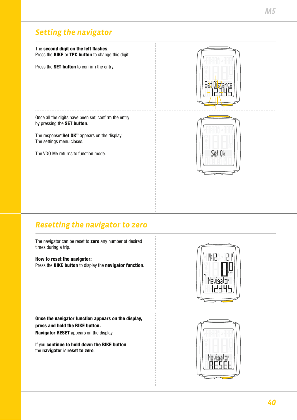 40 m5 setting the navigator, Resetting the navigator to zero | VDO M5WL User Manual | Page 40 / 61