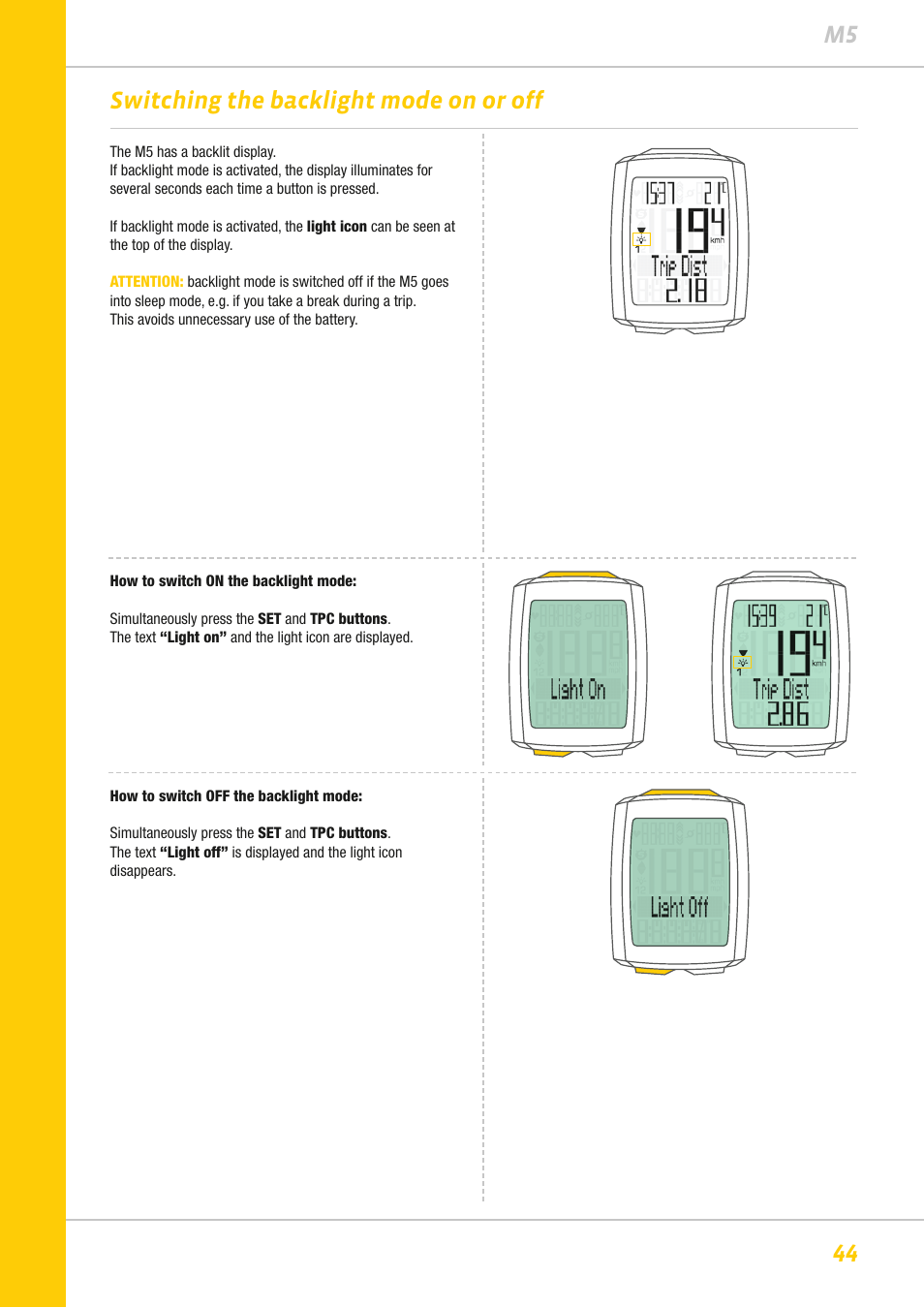 44 m5 switching the backlight mode on or off | VDO M5WL User Manual | Page 44 / 61