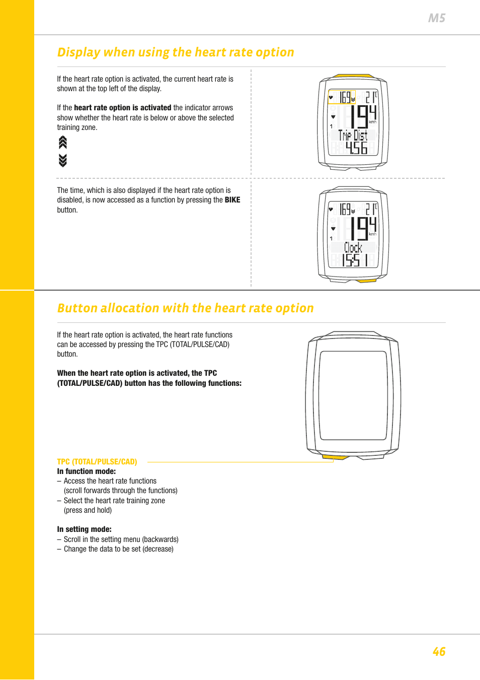 46 m5 display when using the heart rate option, Button allocation with the heart rate option | VDO M5WL User Manual | Page 46 / 61