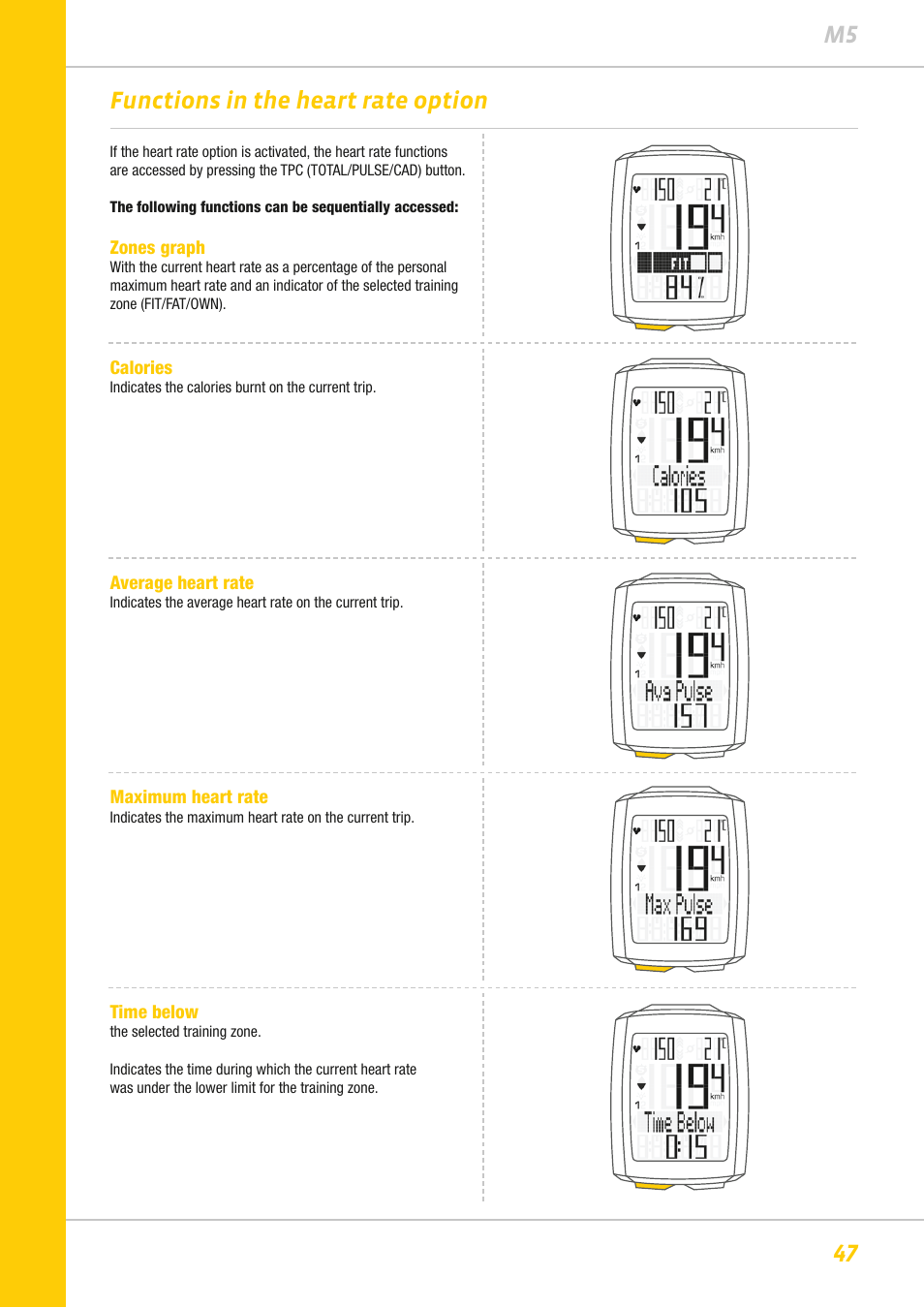 47 m5 functions in the heart rate option | VDO M5WL User Manual | Page 47 / 61