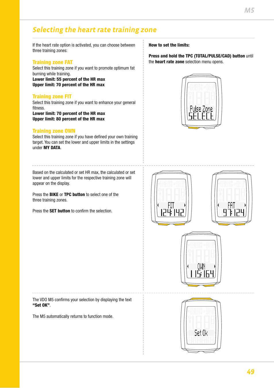 49 m5 selecting the heart rate training zone | VDO M5WL User Manual | Page 49 / 61