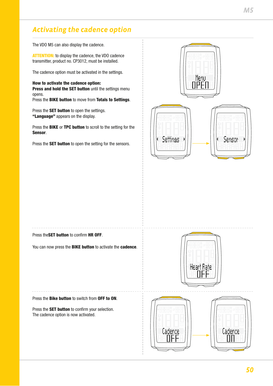 50 m5 activating the cadence option | VDO M5WL User Manual | Page 50 / 61