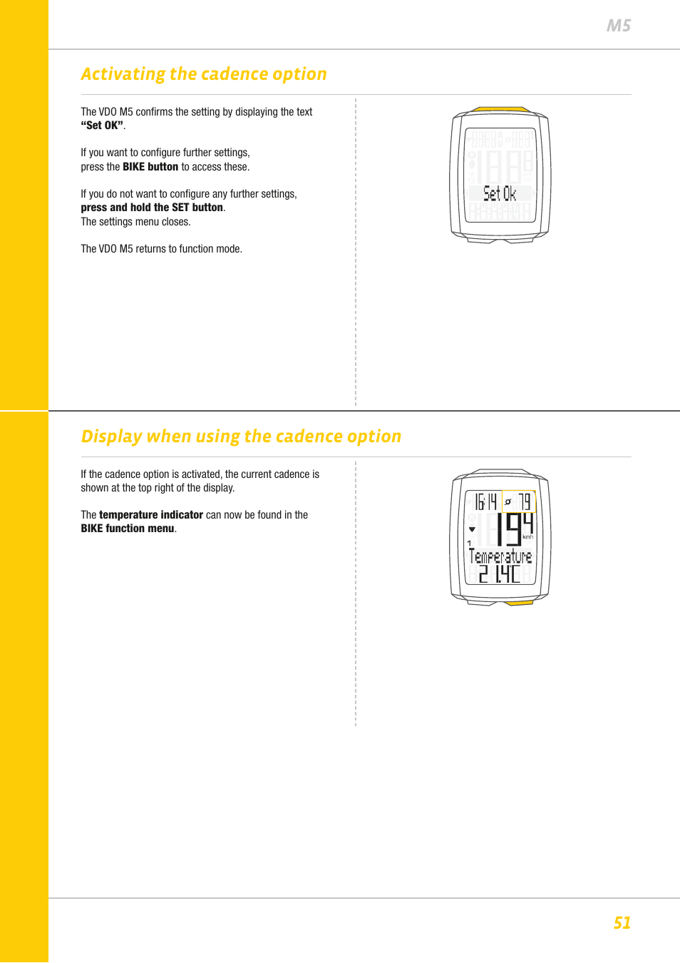 51 m5 activating the cadence option, Display when using the cadence option | VDO M5WL User Manual | Page 51 / 61