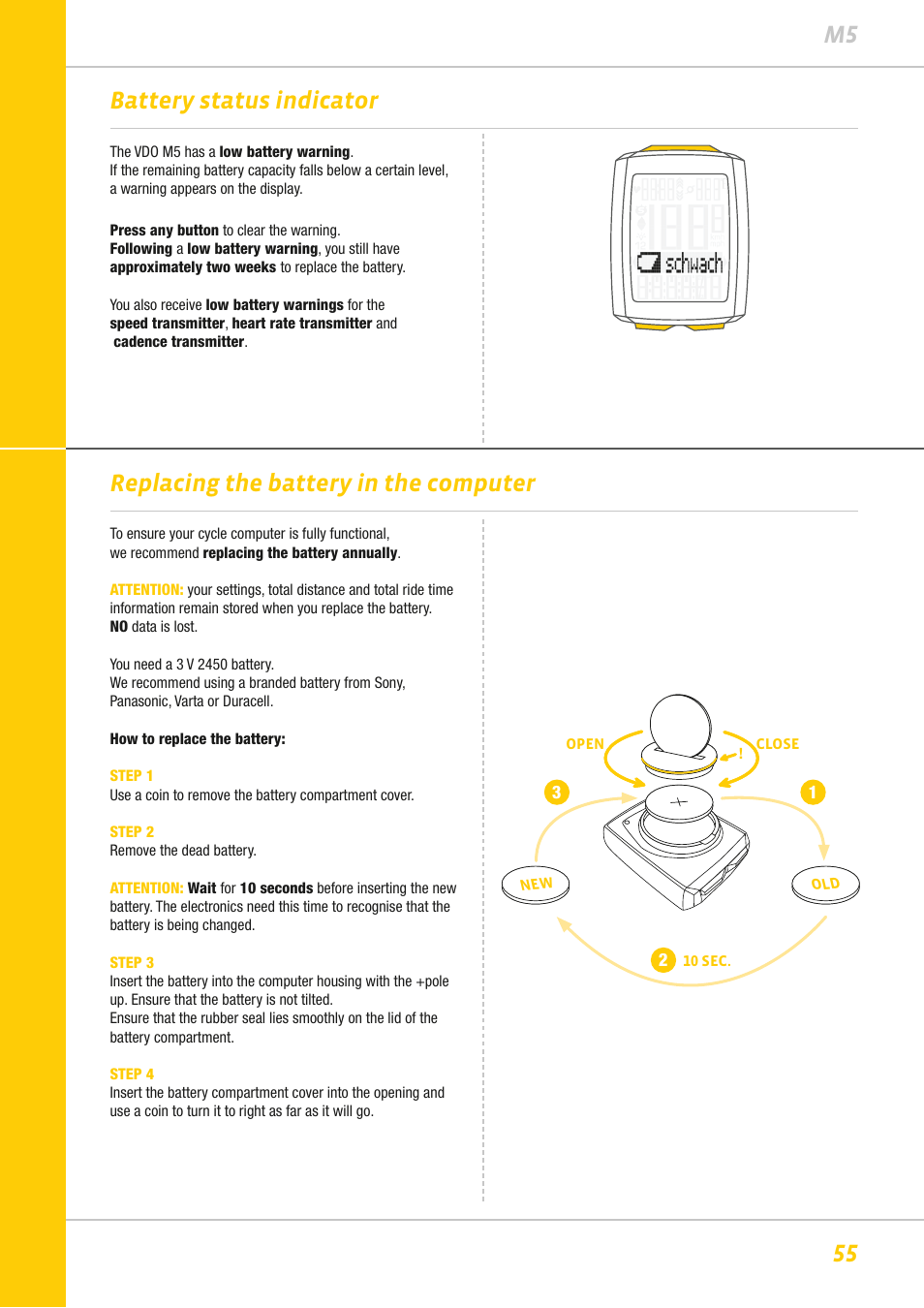 55 m5, Replacing the battery in the computer, Battery status indicator | VDO M5WL User Manual | Page 55 / 61