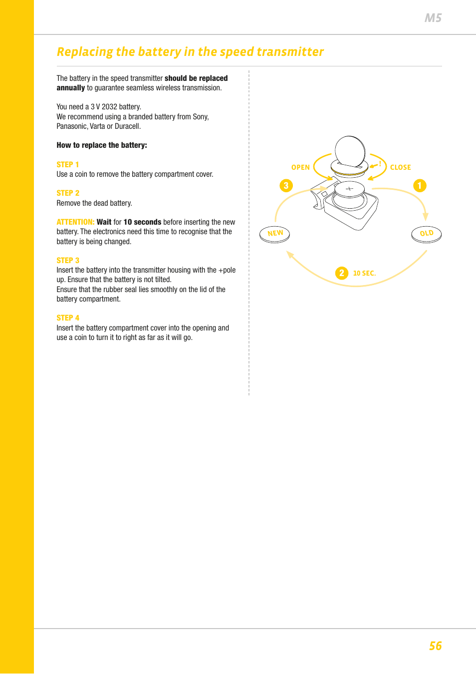 56 m5, Replacing the battery in the speed transmitter | VDO M5WL User Manual | Page 56 / 61