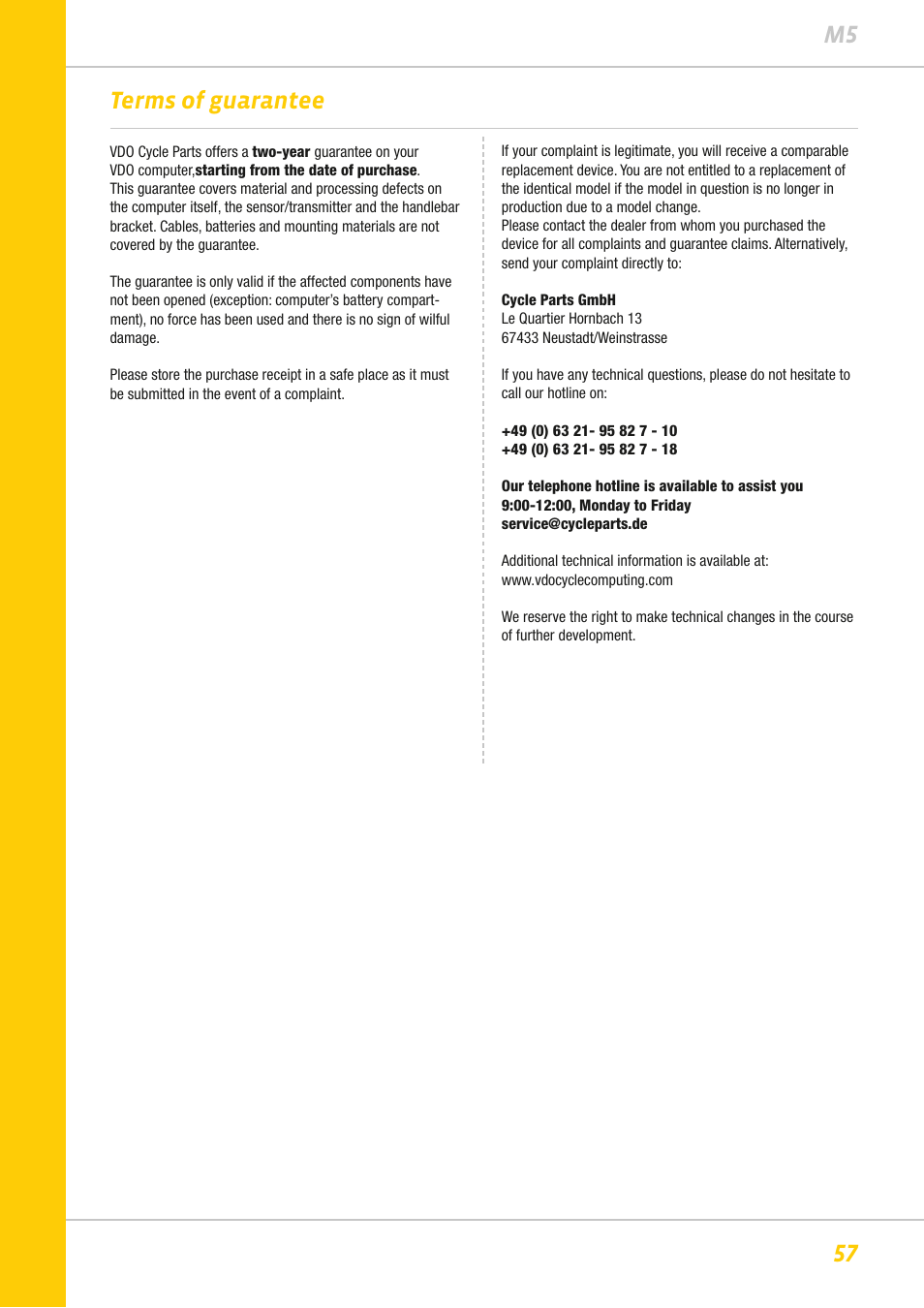 57 m5 terms of guarantee | VDO M5WL User Manual | Page 57 / 61